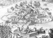 Engraving of massacre at Fort Caroline.