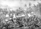 Scene from the Battle of Quasimas showing the 9th and 10th Cavalries in support of Rough Riders.