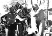 Newt Perry with Johnny Weissmuller during the filming of "Tarzan Finds a Son!" - Silver Springs, Florida.