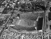 Aerial view of the Gator Bowl Stadium during show at the 1954 game between Auburn University and Baylor University - Jacksonville, Florida.