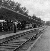 African American high school students, from around the state, arriving at the Tallahassee depot to visit the Capitol.