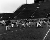 Coach Peterson, back to camera, watching FSU football scrimmage in Tallahassee.