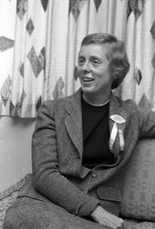 Actress Nancy Kulp in Tallahassee wearing button supporting FSU football.