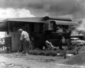 Unidentified couple tends to their yard at Trailer Estates - Sarasota, Florida .