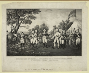 Print showing British General Burgoyne surrendering to General Horatio Gates after the Battle of Saratoga.