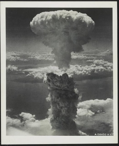 Atomic bomb mushroom cloud over Nagasaki, Japan.