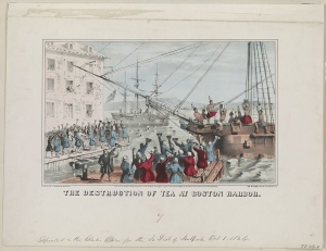 Print of the Boston Tea Party showing men celebrating while men dressed in stereotypically Native clothing throw boxes off a ship and into the water.