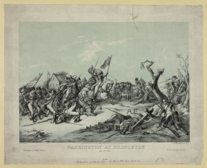Print of the Battle of Princeton showing General George Washington on horseback leading an attack on the British.