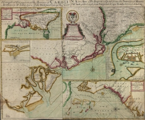 Map of South Carolina showing the settlements of the English, French and Native nations from Charles Town to the Mississippi River.