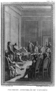 Drawing of a group of men seated in a circle during the First Continental Congress in Carpenter's Hall, Philadelphia.