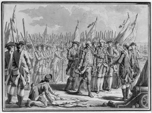 Drawing of the surrender of Lord Cornwallis at Yorktown, including a large group of soldiers carrying muskets and a few carrying white flags.