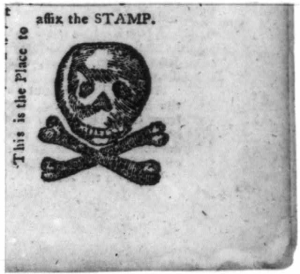 Drawn skull and crossbones stamp bordered by the words this is the place to affix the stamp.