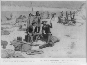 Drawing of Lewis and Clark sitting and talking near the mouth of the Columbia River.