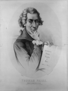Drawn portrait of Thomas Paine holding up a sheet of paper reading Common Sense Rights of Man.