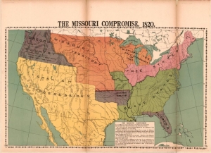 Map of the divisions between free and slave states in the United States after the Missouri Compromise.