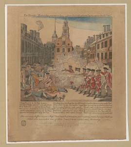 Hand-colored print of British troops firing on citizens on Boston street.