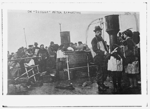 A group of people on the deck of the French passenger ferry the SS Sussex after being torpedoed by a German U-boat in the English Channel during World War I.