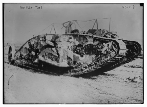 A British tank in the Somme, France, during World War I.