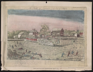 Color print of heavily outnumbered Minute Men running away as they are fired on by an ordered line of British troops.