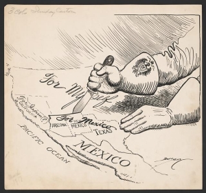 Political cartoon depicting a hand in a gauntlet decorated with the imperial German eagle carving up a map of the Southwestern United States.