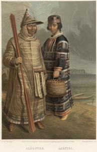 Color illustration of an Indigenous Alaskan man and woman wearing traditional regalia called kamleika or a robe often made from the intestines of sea otters.