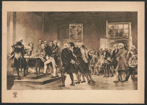 Print depicting the members of Congress signing the U.S. Declaration of Independence at the Pennsylvania State House