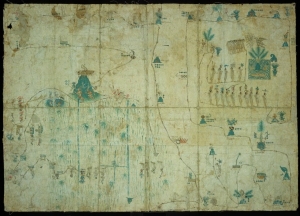Map tracing the Aztec migration from Aztlán to Tenochtitlan, with symbolic glyphs, footprints, and time markers.
