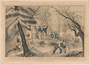 Hand-colored print of a Native man in a snowy landscape watching Pilgrims by a campfire as another man with hatchet gathers firewood and more Pilgrims come ashore from the Mayflower.