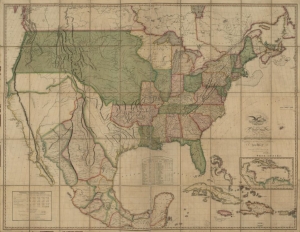 Hand-colored map of the United States of America showing the British and Spanish territories and an inset depicting the West Indies.