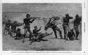 Print showing the Seventh Cavalry firing on Native Americans.
