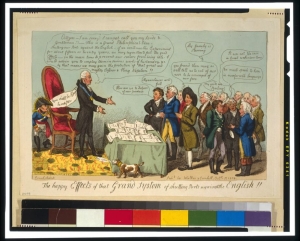 Hand-colored political cartoon showing President Thomas Jefferson addressing a group of disgruntled men to defend the Embargo Act.