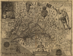 Map of Virginia that depicts the Chesapeake Bay and four major rivers and also includes locations and English-language names of Native groups and towns.