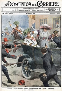 Frontpage of an Italian newspaper with a color drawing depicting the assassination of Archduke Franz Ferdinand and Duchess Sophie.