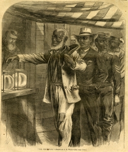 Illustration showing African American men lined up to vote.
