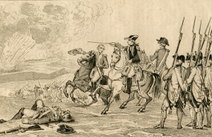 Print showing Spanish troops beginning to attack the British garrison at Pensacola.