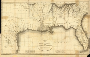 Map depicting East Florida, West Florida and Louisiana with labeled rivers, settlements and mountain ranges, with place names written in French.