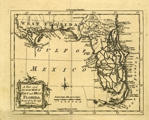 Map of East and West Florida with East and West Florida separated by the Apalachicola River and West Florida extending to the Mississippi River and including New Orleans.