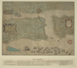 Hand-colored map depicting Sir Francis Drake's attack on Saint Augustine with illustrations telling the story of how the English pirate ship captured and burned the fort and city of St. Augustine.