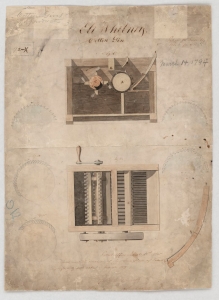 Diagram of Eli Whitney's cotton gin showing two pieces of the machine with labeled mechanical parts.