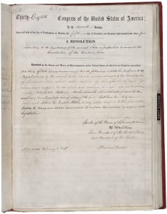 Book page with a mix of the typed and handwritten text for the proposal of the Thirteenth Amendment.
