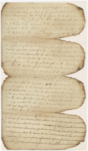 Damaged page with scalloped edges from the handwritten draft of motion rule for the Supreme Court case Marbury v. Madison.