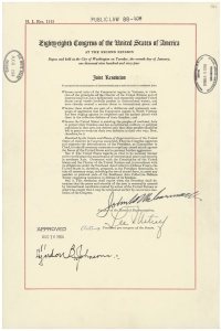 Page of typed text containing the Tonkin Gulf Resolution signed by President Lyndon B. Johnson.
