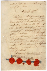 Handwritten document showing Article 10 of the Treaty of Paris with red wax seals and signatures of David Hartley, John Adams, Benjamin Franklin, and John Jay on the bottom of the page.
