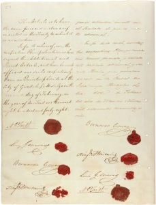 Final page of the Treaty of Guadalupe-Hidalgo with red wax seals and signatures at the bottom of the page.