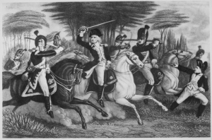 Illustration showing Colonel William Augustine Washington fighting other soldiers on horseback at the Battle of Cowpens.