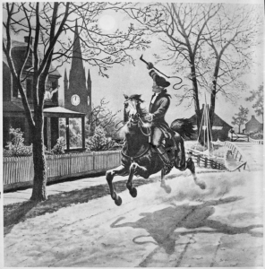 Illustration of Paul Revere riding a horse through a town.