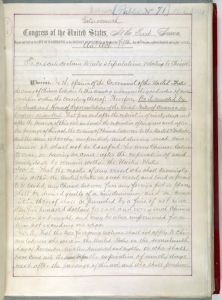 Book page with a combination of handwritten and typed text of the Chinese Exclusion Act.