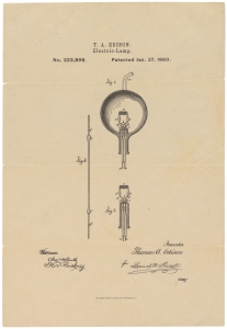 Patent drawing for the incandescent light bulb divided into three labeled figures to show the details of the different parts of the invention.