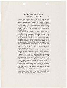 Page of typed text containing the opinion of the Court by Chief Justice Earl Warren in the case of Miranda v. Arizona.