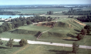 Monks Mound at Cahokia Mounds State Historic Site in Collinsville, Illinois, and showing Historic Route 66 in the foreground.